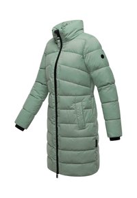 Lång ljusgrön vadderad vinterjacka med hög krage, svart dragkedja, sidofickor och långa ärmar med svarta innerärmar.