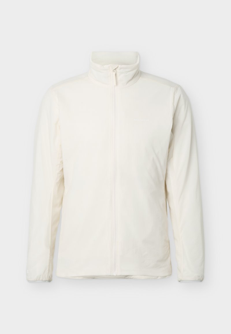 Giacca bianca a maniche lunghe con cerniera frontale completa e colletto alto, mostrata su uno sfondo chiaro e uniforme.