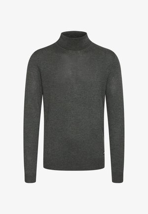 Tmavošedý rolák vyrobený z mäkkej pleteniny. Má dlhé rukávy, vysoký golier a rebrované manžety a lem. Jednoduchý dizajn.