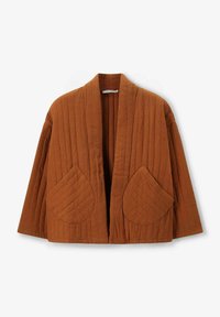 Veste matelassée marron au look décontracté, avec des manches larges et deux poches avant arrondies. Tissu texturé avec un motif côtelé.