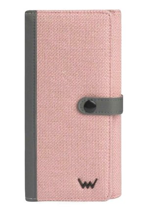 Pink fabric wallet with a textured surface, gray leather accents, a snap closure, and embossed logo at the bottom.