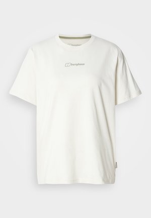 T-shirt en coton blanc à manches courtes, avec un petit logo gris "berghaus" sur le devant. Texture douce et col rond classique.