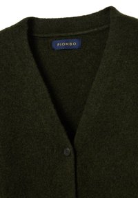 Cardigan di lana verde scuro con scollatura a V, un singolo bottone nero visibile e un'etichetta blu con la scritta "PIOMBO" all'interno del colletto.