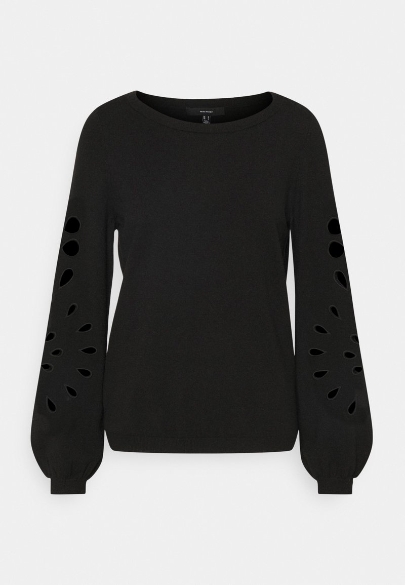 Pull noir à manches longues avec encolure ronde et motifs découpés en forme de goutte le long des manches bouffantes et des poignets élastiques.