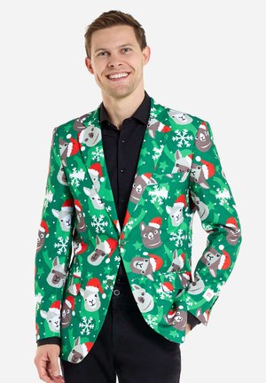 Grön blazer med djuransikten i jultomtesmössor och snöflingor. Enkelknäppt design, två framfickor och svarta knappar.