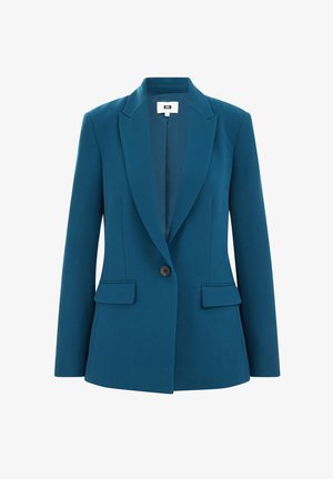 Tealfärgad damkavaj med en svart knappknäppning, snedskurna reverser och två framfickor med klaff.