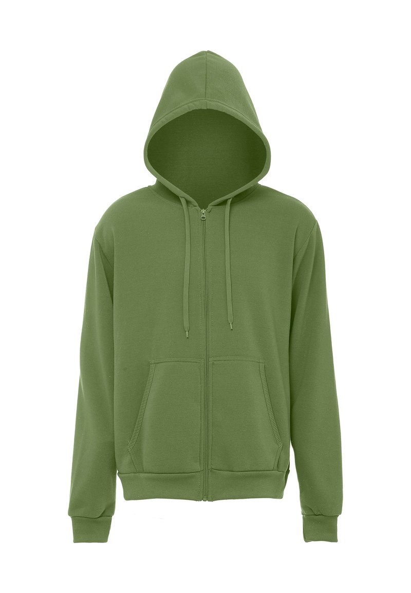 Grøn zip-up hættetrøje med snorhætte, ribbede manchetter og kant samt to frontlommer. Lavet af blødt, holdbart stof.