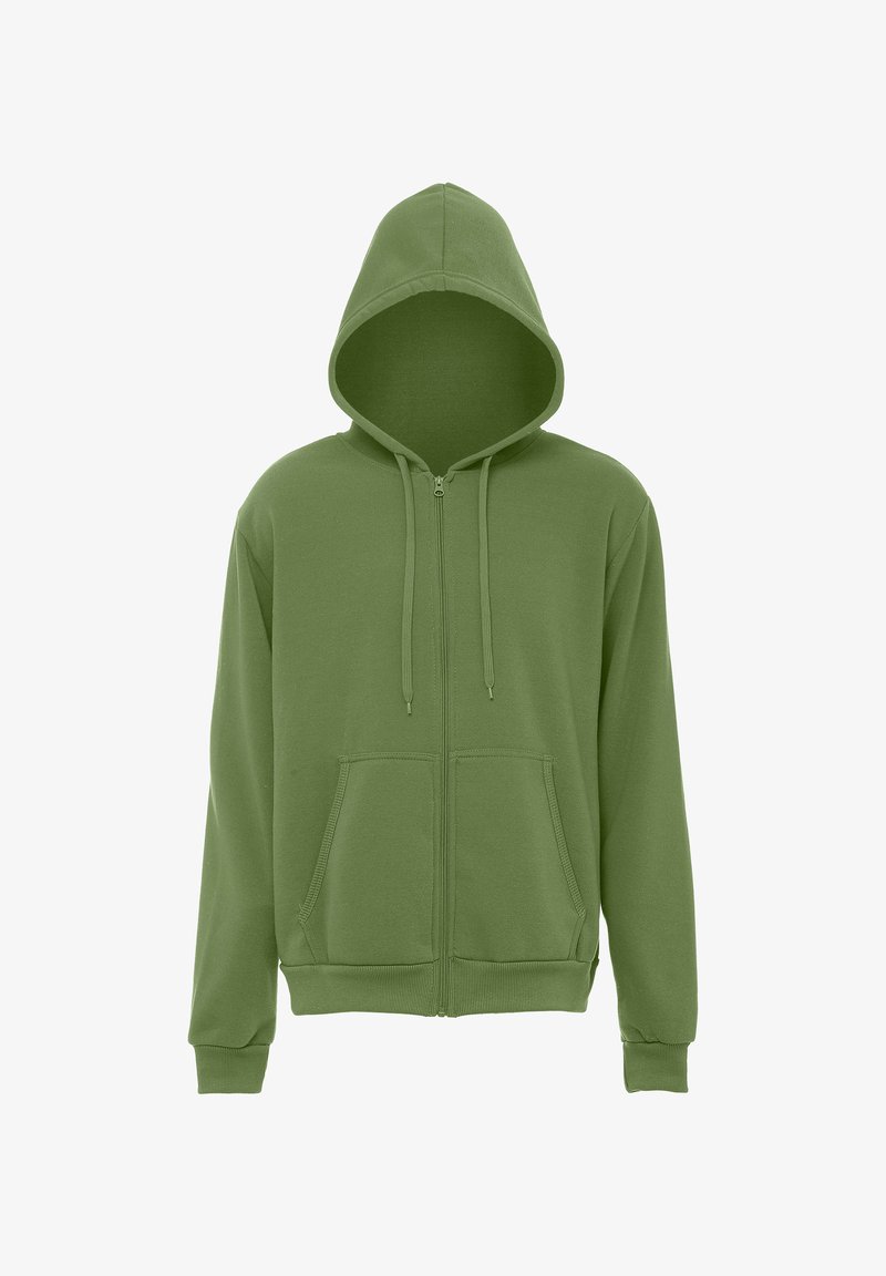 Grüne Zip-Hoodie mit Kordelzugkapuze, gerippten Bündchen und Saum sowie zwei Fronttaschen. Hergestellt aus weichem, strapazierfähigem Stoff.