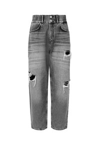 Grijze denim jeans met een losse pasvorm, elastische tailleband en versleten details met gescheurde gebieden aan de voorkant.