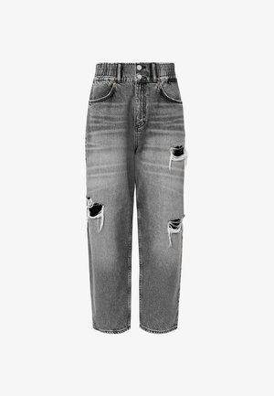 Jeans de mezclilla gris con un corte relajado, cinturilla elástica y detalles desgastados con áreas rasgadas en la parte delantera.
