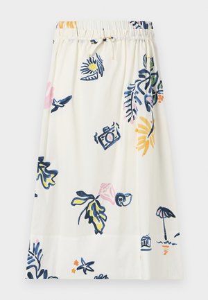 White knee-length skirt featuring a floral and iconographic print in blue, pink, and yellow. Elastic waistband with a tie detail.