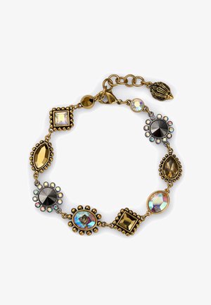 Armband van bronzen ketting met stenen in verschillende vormen in zwart, goud en iriserende tinten, afgewisseld met decoratieve metalen accenten.