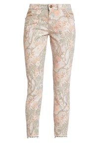 Pantalones de estampado floral en tejido suave. Beige claro con detalles en verde y rosa, diseño de cinco bolsillos, detalle de cremallera y dobladillo con tachuelas.