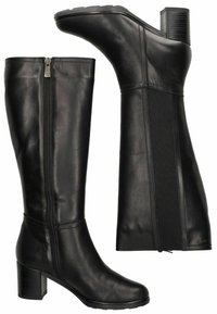 Botas altas de cuero negro, que cuentan con un cierre lateral, plantilla acolchada, tacón de bloque y panel elástico para mayor comodidad y flexibilidad.