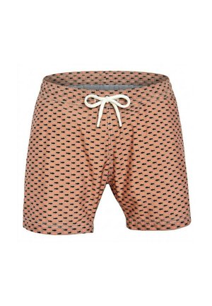Short de bain couleur corail avec petit motif de poissons noirs et cordon blanc noué en nœud au centre de la ceinture.