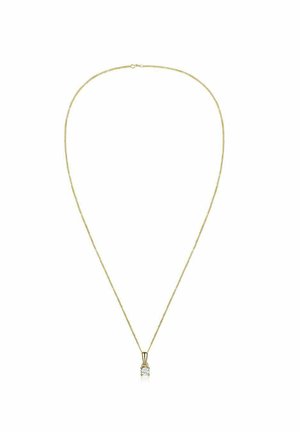 Collana delicata a catena d'oro con un singolo ciondolo tondo in pietra preziosa trasparente al centro su sfondo bianco.