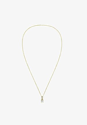 Collier délicat en chaîne d'or avec un pendentif unique en pierre précieuse ronde et claire centré sur un fond blanc.