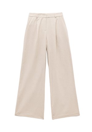 Pantalons larges beige en tissu texturé, avec des plis avant et une coupe droite, dotés d'une taille classique et de poches.