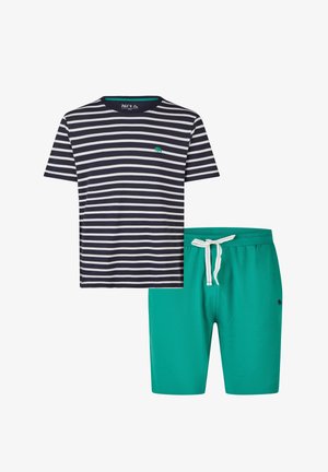 Chemise à manches courtes rayée bleu marine et blanc associée à un short uni sarcelle avec cordon et petits logos d’animaux.