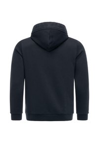 Mørkeblå hoodie med et struktureret logo på hætten, ribbede manchetter og bundkant. Lavet af blødt bomuldsblandingsstof.