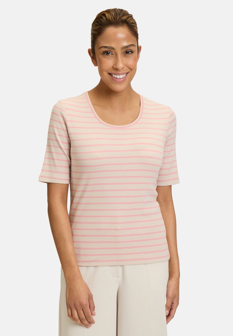 Lightweight, short-sleeve top in cream with horizontal pink stripes; round neckline and soft, ribbed texture. Concise fit.