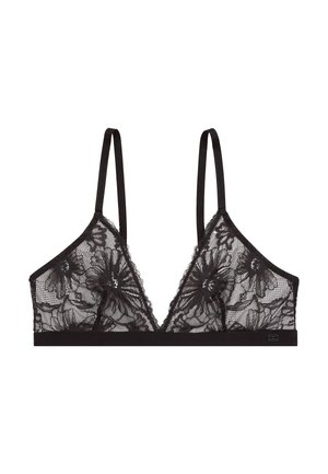 Black lace bralette with floral patterns, adjustable straps, and a solid black underband. Sheer fabric adds texture and depth.