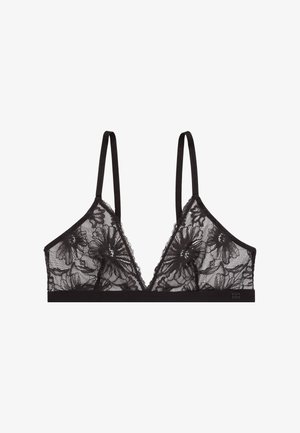 Black lace bralette with floral patterns, adjustable straps, and a solid black underband. Sheer fabric adds texture and depth.