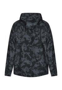 Svart huva jacka med ett hexagonmönster i varierande grå nyanser. Långa ärmar med elastiska manschetter; lättviktig, slät textur.