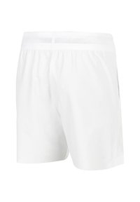 Pantalones cortos deportivos blancos con una textura suave, cinturilla elástica con detalles de malla y un corte recto. Sin bolsillos visibles.