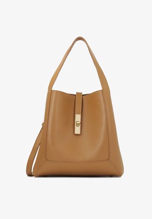 Tan leather handbag with a smooth texture, a rectangular shape, a top handle, and a gold-tone metal clasp detail at the front.