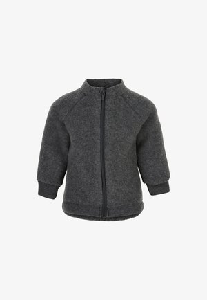 Harmaa fleece-takki, jossa on vetoketjullinen etuosa, pyöreä kaula-aukko ja ribattuja hihansuita. Pehmeä rakenne, tasainen väri ja raglanhihojen muotoilu parantavat mukavuutta ja istuvuutta.