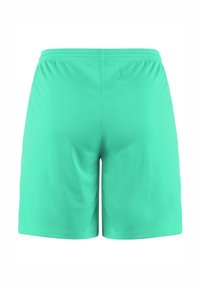 Pantaloni da bagno turchesi realizzati in tessuto morbido e leggero. Presentano una cintura elastica e un design semplice e minimalista, senza fantasie.