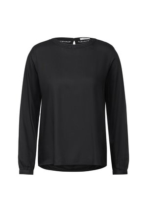 Svart långärmad topp med rund halsringning, med en nyckelhålsöppning i ryggen och en texturerad detalj längs kragen. Slät tyg.