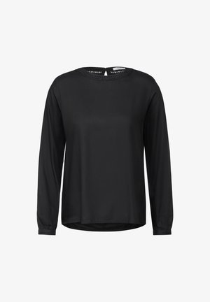 Schwarzes langärmliges Oberteil mit einem runden Ausschnitt, das auf der Rückseite über eine Schlüssellochöffnung und strukturierte Details am Kragen verfügt. Glattes Material.