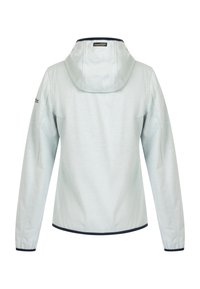 Giacca azzurro chiaro con cappuccio, tessuto liscio, maniche lunghe e rifiniture blu scuro sui polsini e sull'orlo inferiore. Design semplice, senza motivi visibili.