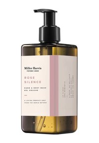 Bernsteinfarbige Kunststoffpumpeflasche mit einem schwarzen Pumpkopf, versehen mit einem cremefarbenen und rosafarbenen Etikett, auf dem "Miller Harris Rose Silence Hand- & Körperwaschmittel" steht.