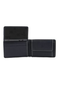 Billetera de cuero negro con costuras blancas, que cuenta con múltiples ranuras para tarjetas, un bolsillo más grande y un interior texturizado con un patrón de logo.