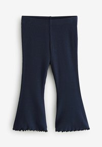 Mørkeblå ribbede leggings med en svungen kant. Blød tekstur; elastisk talje for komfort og nem påtagning.