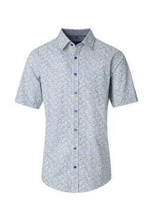 Kurzarmhemd aus hellblauem Stoff mit einem gemusterten Design, das kleine blaue und grüne Quadrate zeigt. Mit Knopfleiste und spitzem Kragen.