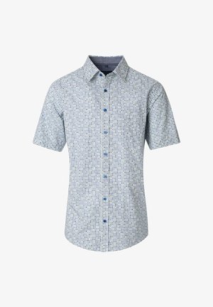 Kurzarmhemd aus hellblauem Stoff mit einem gemusterten Design, das kleine blaue und grüne Quadrate zeigt. Mit Knopfleiste und spitzem Kragen.