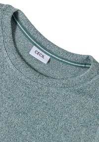 Detailní záběr na výstřih zeleného a bílého pleteného svetr s látkovou nálepkou uvnitř límce, na které je vytištěno "CECIL".