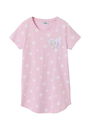 Rosa Kurzarmkleid mit weißen Schneeflockenmuster und einem herzförmigen Motiv von Elsa und einem Schloss aus dem Film "Frozen" auf der Brust.