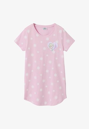 Rosa Kurzarmkleid mit weißen Schneeflockenmuster und einem herzförmigen Motiv von Elsa und einem Schloss aus dem Film "Frozen" auf der Brust.