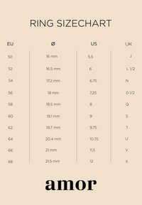 Ringmaat tabel die EU-maten 50–68 omzet met diameters in mm, US-maten 5,5–12, en UK-maten J–X voor een nauwkeurige ringpassing.