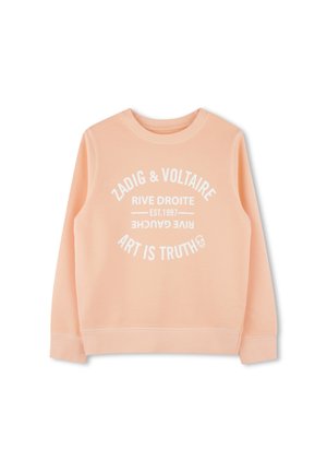 Peach-colored sweatshirt made of soft fabric features white printed text in a circular design, with ribbed cuffs and hem.
