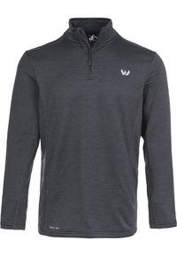 Mørk grå kvart-zip pullover med lange ærmer, tekstureret stof og et lille hvidt logo på venstre bryst. Har fladlock sømme.