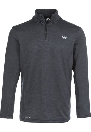 Mörkgrå halfzip-pullover med långa ärmar, strukturerad tyg och en liten vit logotyp på vänster bröst. Har platta sömmar.