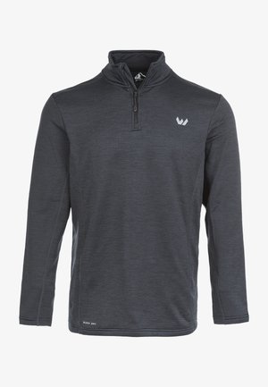 Mørk grå kvart-zip pullover med lange ærmer, tekstureret stof og et lille hvidt logo på venstre bryst. Har fladlock sømme.