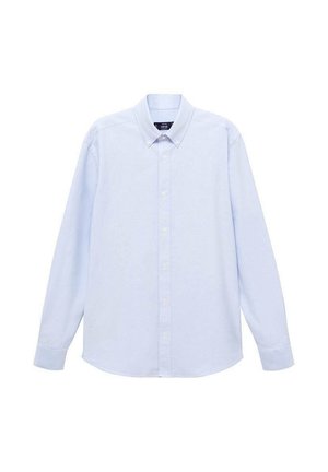 Camicia azzurra a maniche lunghe con colletto classico, orlo dritto e una trama sottile. Presenta una chiusura centrale con bottoni.