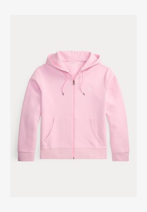 Hanorac roz deschis cu fermoar, șnururi, buzunare frontale și logo mic brodat pe partea stângă a pieptului.